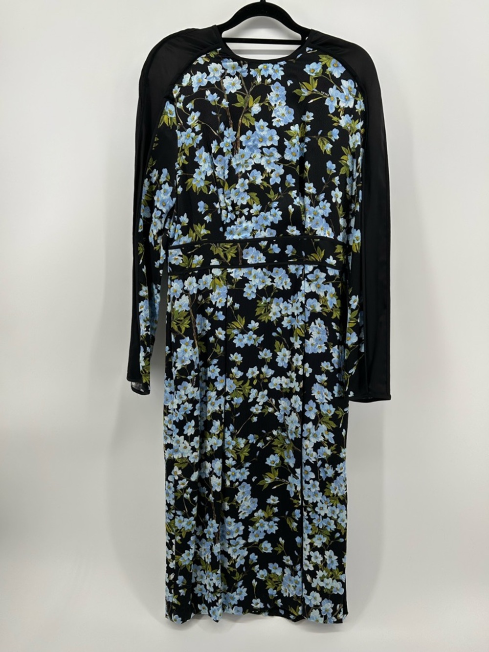 Escada Black Silk Midi Dress with Light Blue Floral Print